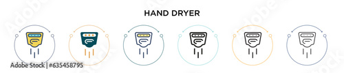 Hand dryer icon in filled, thin line, outline and stroke style. Vector illustration of two colored and black hand dryer vector icons designs can be used for mobile, ui, web