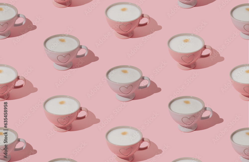 Trendy pattern made of pink and white cup of coffee on pastel pink background. Creative coffee concept. Minimal pattern background idea. Coffee aesthetic. Trendy pattern made of pink and white cup of coffee on pastel pink background. Creative coffee concept. Minimal pattern background idea. Coffee aesthetic.