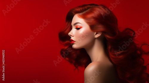 Red Beauty Model Portrait. Web banner with empty copy space on the side. Generative AI.