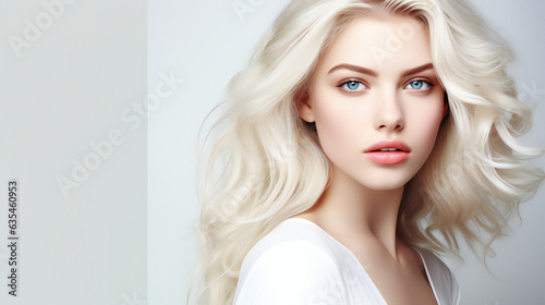 White Beauty Model Portrait. Web banner with empty copy space on the side. Generative AI.