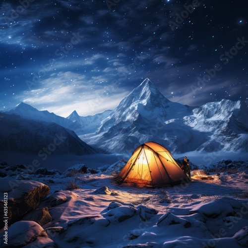 Scenic view of illuminated tent on snowy mountains. Generative Ai