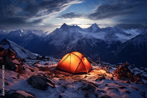 Scenic view of illuminated tent on snowy mountains. Generative Ai © bluebeat76