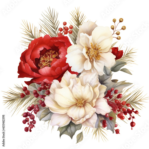 Christmas Flowers Watercolor Clip Art, Watercolor Illustration, Flowers Sublimation Design, Red White Flowers Clip Art. © TasaDigital