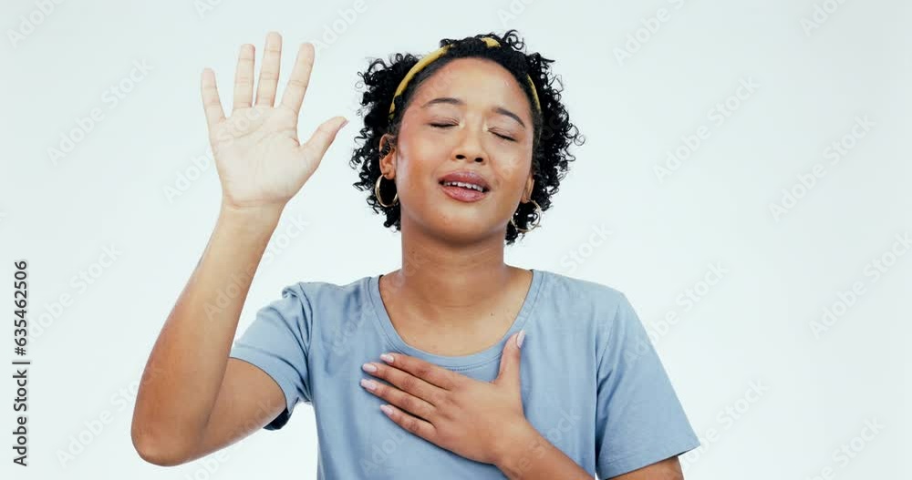 Hope, hands and praying by woman in studio for help, guidance and ...