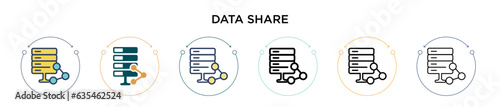 Data share icon in filled, thin line, outline and stroke style. Vector illustration of two colored and black data share vector icons designs can be used for mobile, ui, web