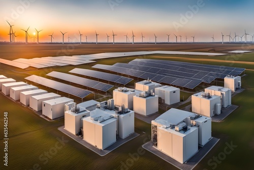 modern battery energy storage system with wind turbines and solar panel power plants in background at sunset