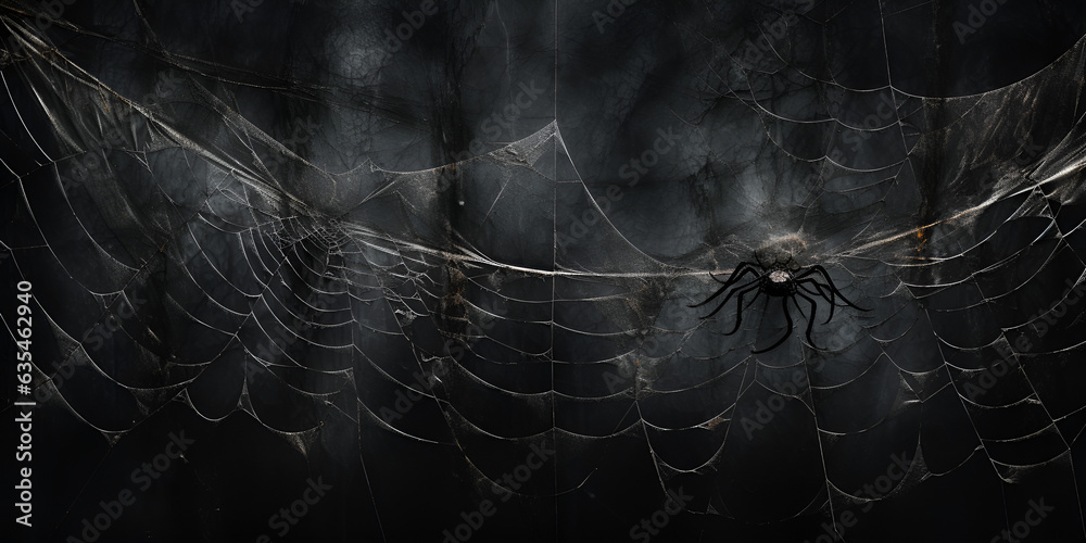 Real creepy spider webs silhouette isolated on black background, Real creepy spider webs silhouette isolated on black banner panorama - Halloween background template, Broken smartphone screen, cracks 