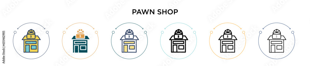Pawn shop icon in filled, thin line, outline and stroke style. Vector illustration of two colored and black pawn shop vector icons designs can be used for mobile, ui, web