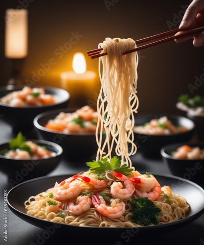 a plate of noodles with shrimp and garnishes on a black plate with chopsticks and lime