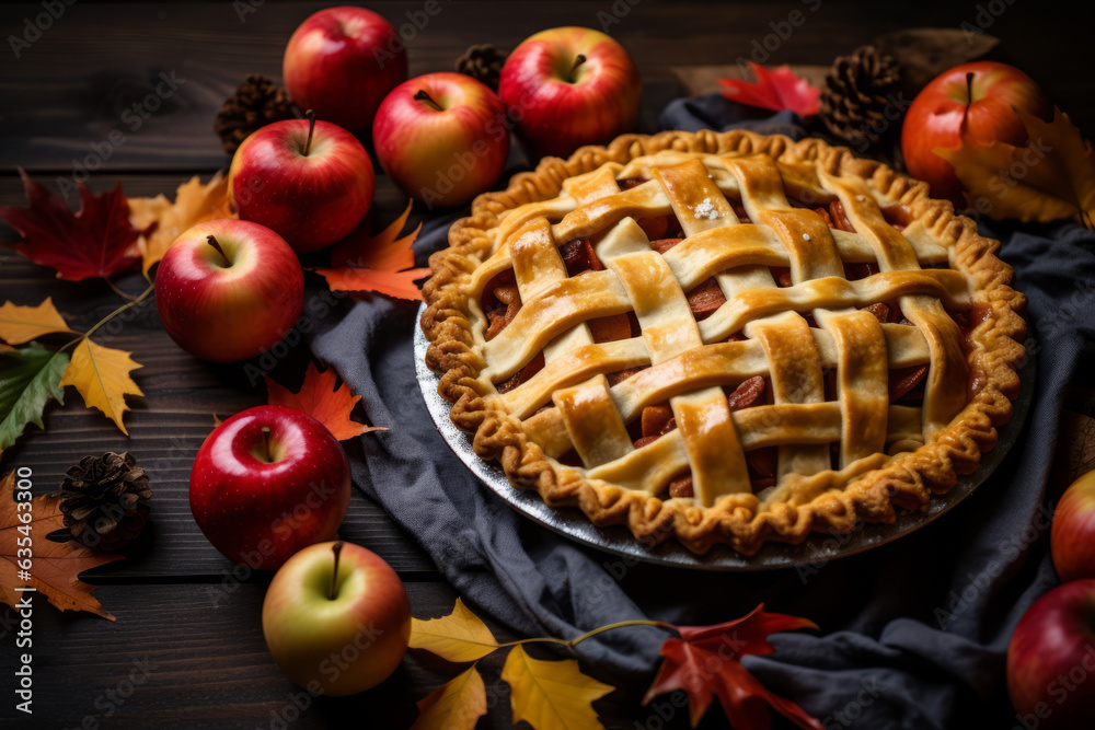 Thanksgiving background: Apples, fallen leaves and apple pie on wooden background. Copy space for text. Halloween, Thanksgiving day or seasonal background. Generative AI.
