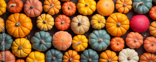 Collection of pumkins. Banner for autumn seasonal holidays background. DIY craft pumkins for helloween, thanksgiving, fall decoration. Generative AI.