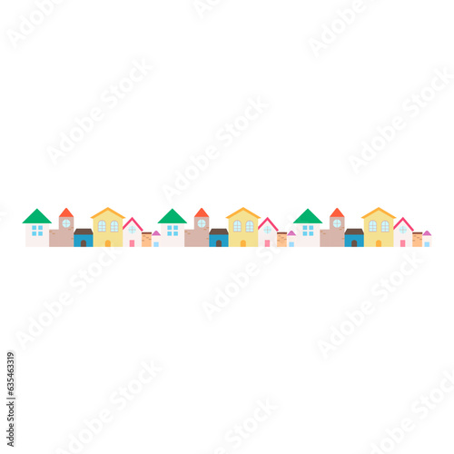 Seamless decoration border with colorful house pattern, city town view. Isolated on white background, vector, illustration, EPS10