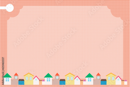 Seamless decoration border frame with colorful house pattern, city town view. Pink background wallpaper. Vector, illustration, EPS10