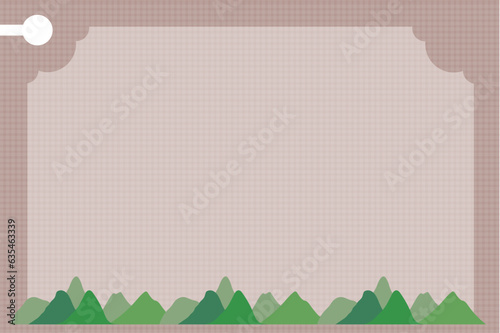 Seamless decoration border frame with green mountain pattern, urban outdoor view. Brown background wallpaper. Vector, illustration, EPS10