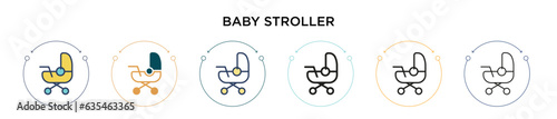 Baby stroller icon in filled, thin line, outline and stroke style. Vector illustration of two colored and black baby stroller vector icons designs can be used for mobile, ui, web