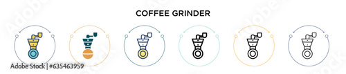 Coffee grinder icon in filled, thin line, outline and stroke style. Vector illustration of two colored and black coffee grinder vector icons designs can be used for mobile, ui, web