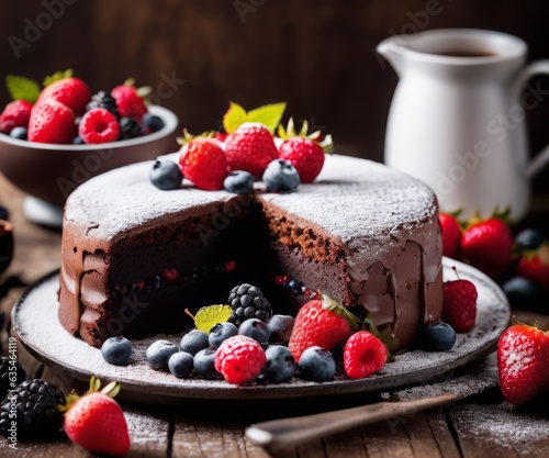 Closeup shot of a delectable chocolate cake, adorned with vibrant berries and a dusting of powdered sugar, artfully presented on a rustic wooden table. Soft natural lighting highlights the cake's text
