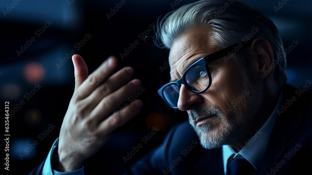 A close-up photograph of a senior businessman wearing a blue suit and glasses looking at someone gesturing, intensely explaining something. Image created by Generative AI A close-up photograph of a senior businessman wearing a blue suit and glasses looking at someone gesturing, intensely explaining something. Image created by Generative AI