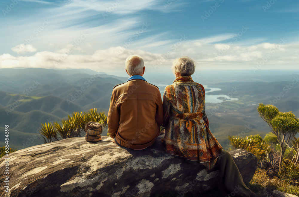 Older couple sitting on a top of a rock overlooking a vast landscape