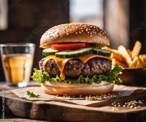 Artistic photo of a hamburger, juicy patty, sesame seed bun, mouthwatering bite, close-up shot, rustic wooden table, natural sunlight