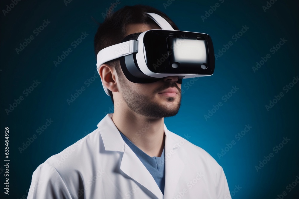 Doctor in VR glasses on blue background. Innovative medical technology and telemedicine concept.