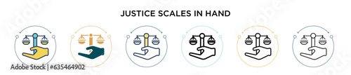 Justice scales in hand icon in filled, thin line, outline and stroke style. Vector illustration of two colored and black justice scales in hand vector icons designs can be used for mobile, ui, web