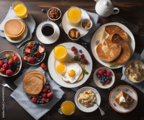 Fancy Breakfast table top angle with variety of dishes.