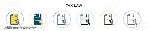 Tax law icon in filled, thin line, outline and stroke style. Vector illustration of two colored and black tax law vector icons designs can be used for mobile, ui, web