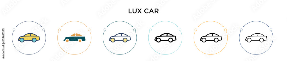Lux car icon in filled, thin line, outline and stroke style. Vector illustration of two colored and black lux car vector icons designs can be used for mobile, ui, web