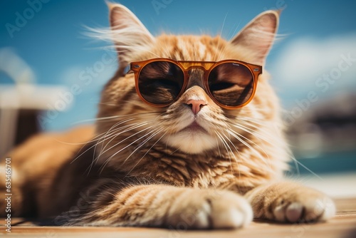 A cool cat lounging at the beach in sunglasses, Generative Ai