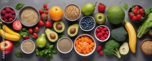 Healthy food clean eating selection  fruit  vegetable  seeds  superfood  cereal  leaf vegetable on gray concrete background