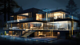 modern expensive luxury villa with a pool in front at dusk night. illustration.