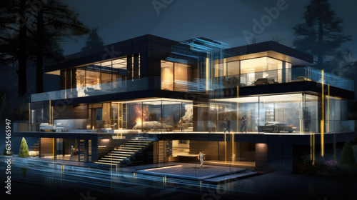modern expensive luxury villa with a pool in front at dusk night. illustration.