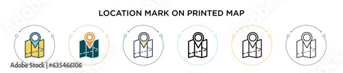 Location mark on printed map icon in filled, thin line, outline and stroke style. Vector illustration of two colored and black location mark on printed map vector icons designs can be used for mobile,