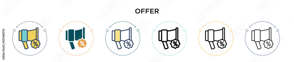 Offer icon in filled, thin line, outline and stroke style. Vector illustration of two colored and black offer vector icons designs can be used for mobile, ui, web