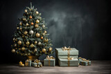 Festlicher Weihnachtsbaum und Geschenke vor Vintage Hintergrund mit Textfreiraum als Illustration für Weihnachtskarte.