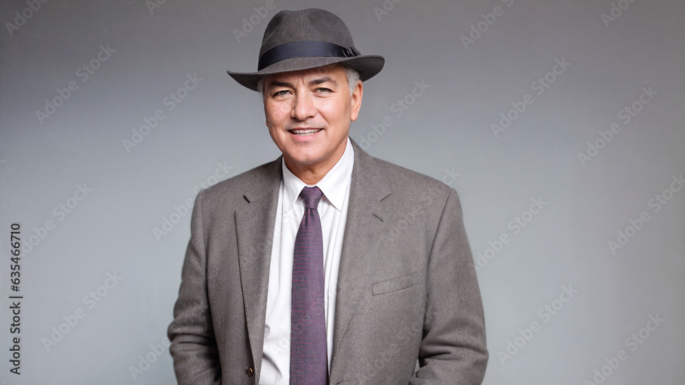 Businessman in a hat smiling in outside. Generative AI Businessman in a hat smiling in outside. Generative AI