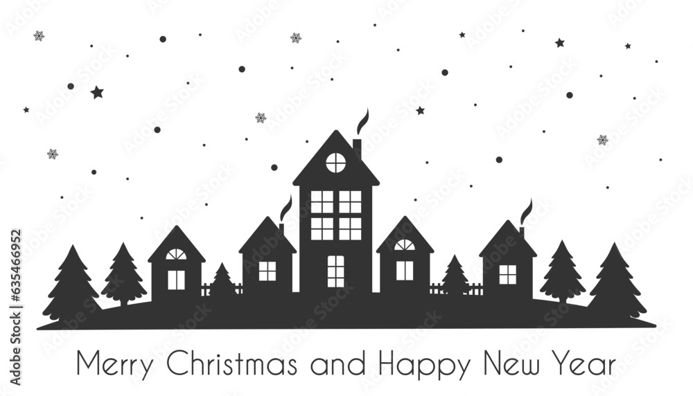 Winter village. Christmas background with houses, trees and snowfall. Black drawings on a white background.Merry Christmas and Happy New Year. Vector