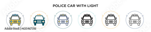 Police car with light icon in filled, thin line, outline and stroke style. Vector illustration of two colored and black police car with light vector icons designs can be used for mobile, ui, web