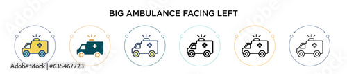 Big ambulance facing left icon in filled, thin line, outline and stroke style. Vector illustration of two colored and black big ambulance facing left vector icons designs can be used for mobile, ui, photo