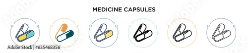 Medicine capsules icon in filled, thin line, outline and stroke style. Vector illustration of two colored and black medicine capsules vector icons designs can be used for mobile, ui, web