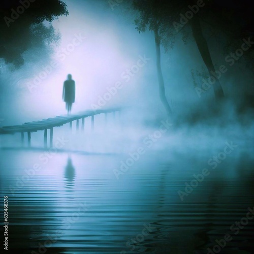 Mysterious figure walks a misty bridge over a lake