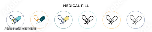 Medical pill icon in filled, thin line, outline and stroke style. Vector illustration of two colored and black medical pill vector icons designs can be used for mobile, ui, web