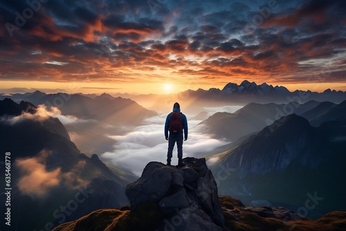 At the mountain cliff summit  a hiker overlooks the breathtaking view  Generative Ai