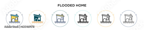 Flooded home icon in filled, thin line, outline and stroke style. Vector illustration of two colored and black flooded home vector icons designs can be used for mobile, ui, web