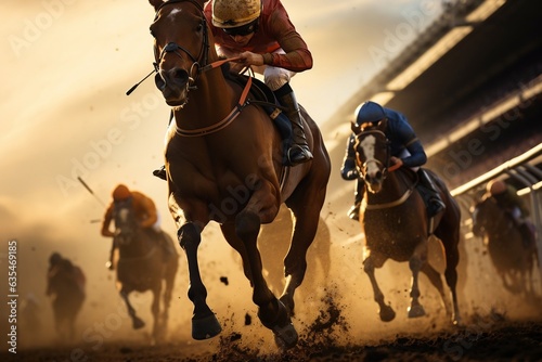A jockey riding a horse in a horse racing or derby event, Generative Ai