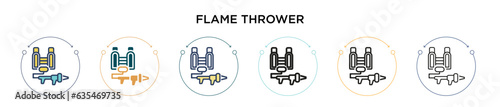 Flame thrower icon in filled, thin line, outline and stroke style. Vector illustration of two colored and black flame thrower vector icons designs can be used for mobile, ui, web