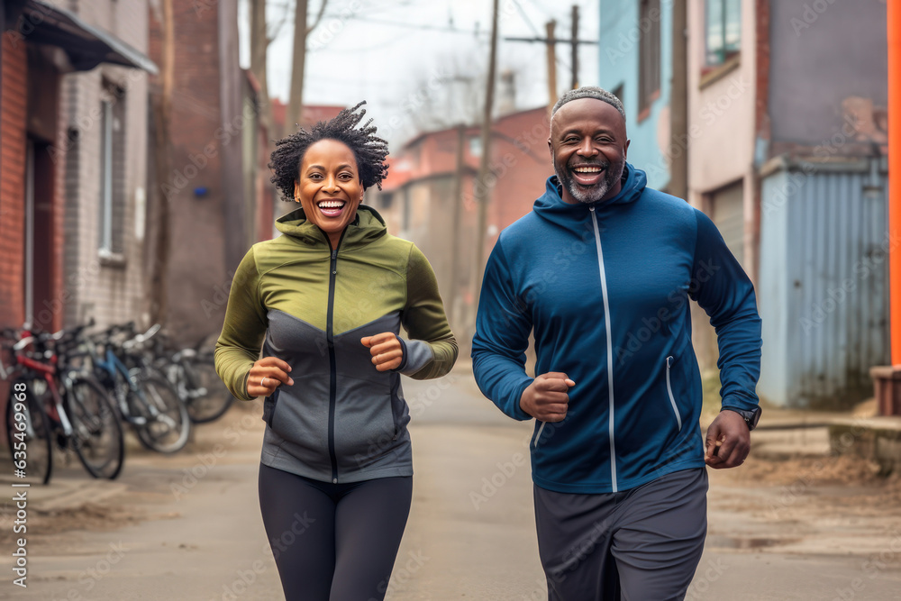 Sports and physical education as a lifestyle. A middle-aged African-American couple jogging through the streets of their neighborhood.