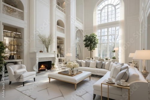 Inside a luxurious white living room with white decor, Generative Ai