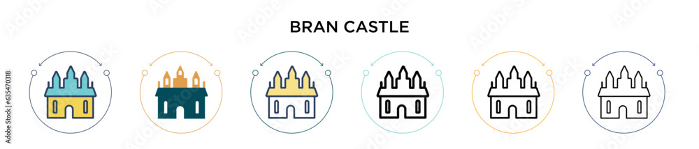 Bran castle icon in filled, thin line, outline and stroke style. Vector illustration of two colored and black bran castle vector icons designs can be used for mobile, ui, web
